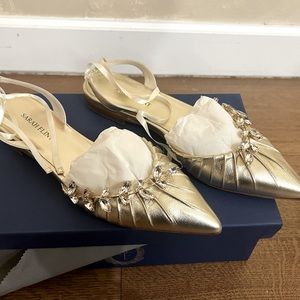 Sarah Flint pointed toe gold flats with crystal embellishment, 38.5